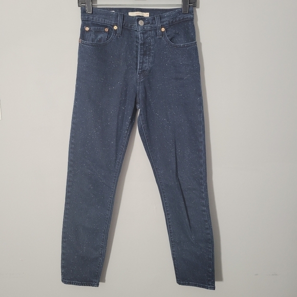 Levi's Dark Wash Paint Bleach Splatter High Waisted Wedgie Skinny Jeans - Picture 2 of 14